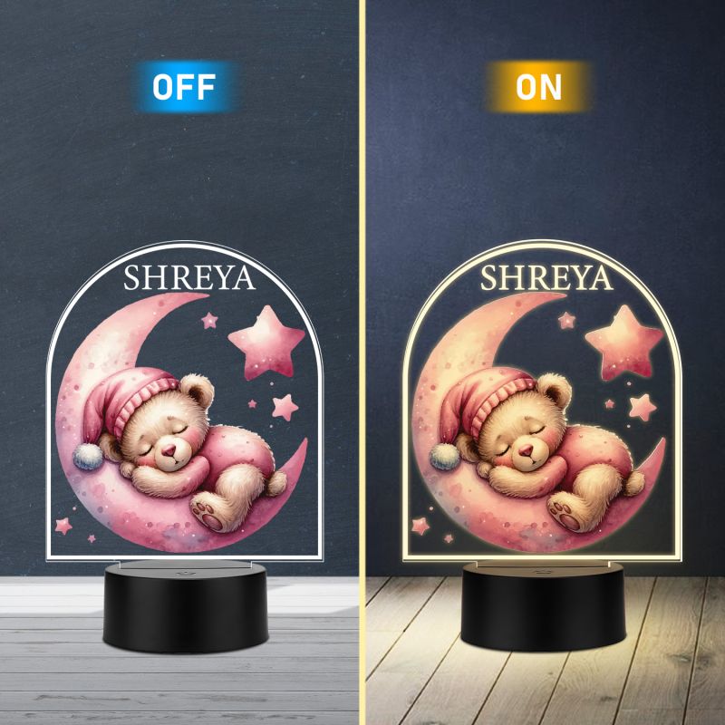 Personalized Sleeping Teddy on Moon Design, Custom with Name Warm White Light Kids Room Bedside Desk Table Lamp Return Gift for Kids